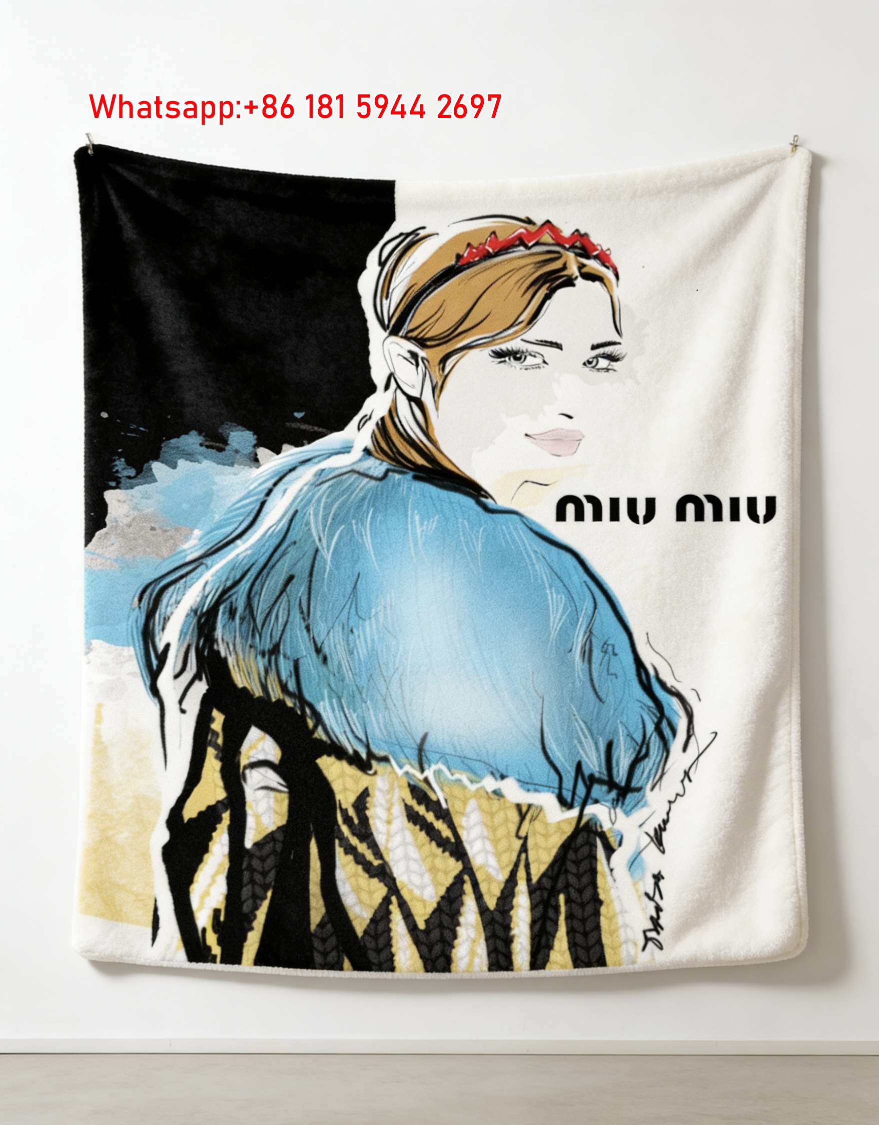 Miu Miu Bright Blue & Mustard Yellow Fashion Illustration Flannel Throw Blanket IMG_0586